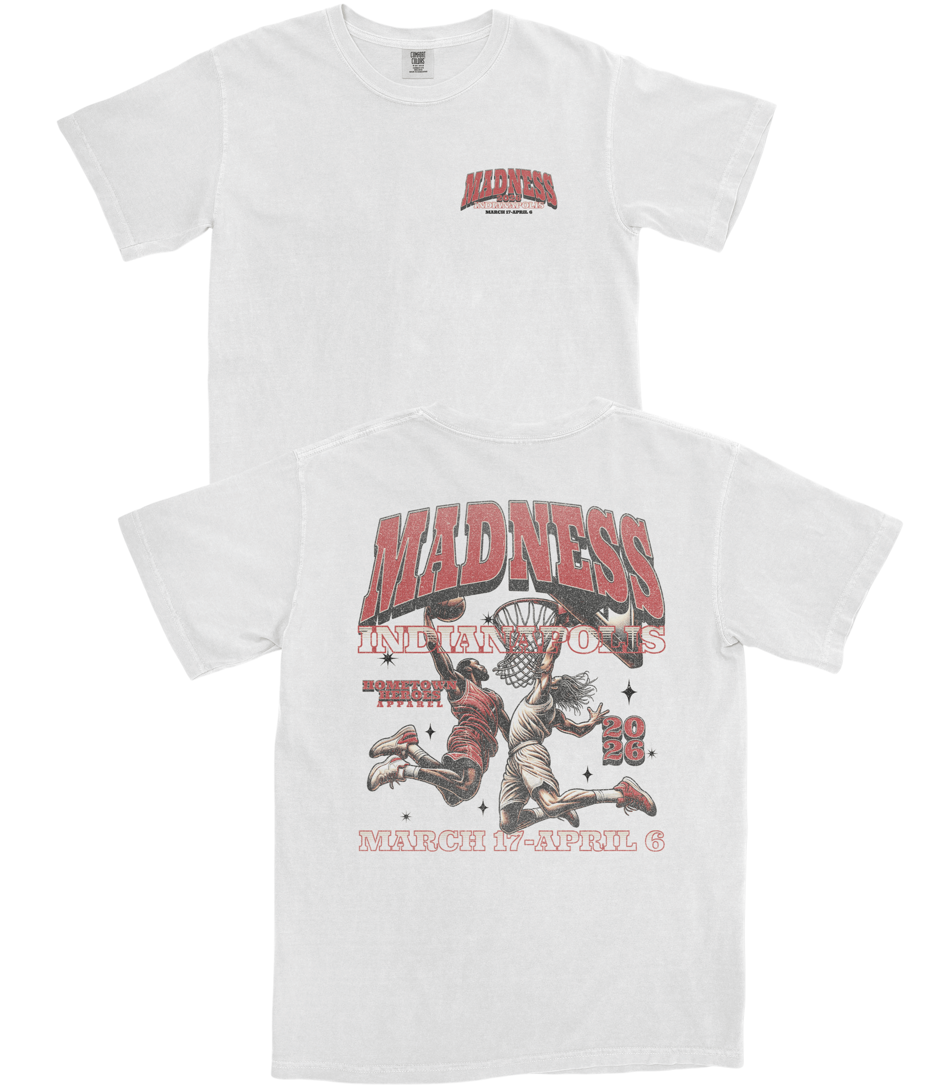 Two white t-shirts with graphic designs and text on a white background