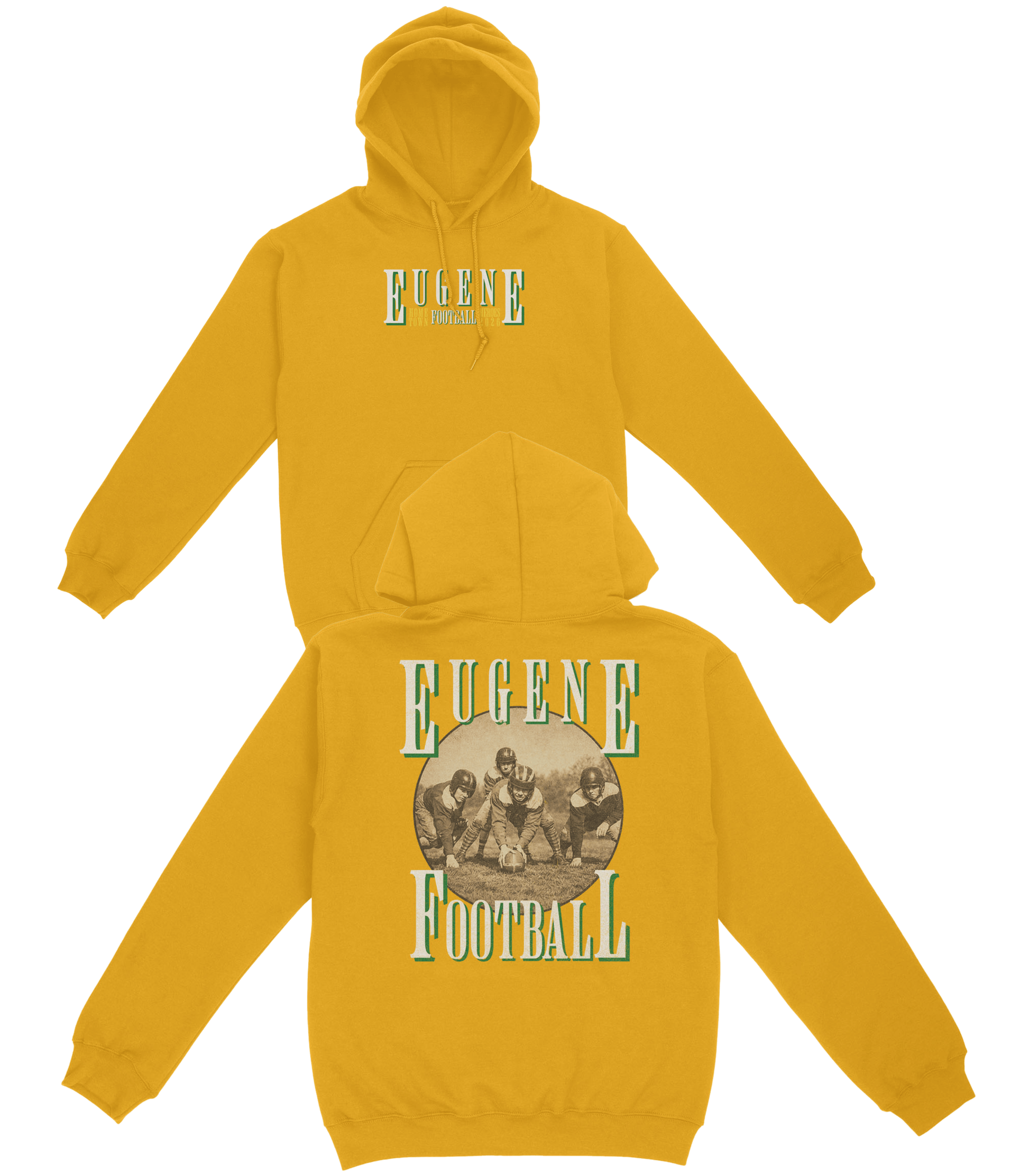Yellow hoodie with 'Eugene Football' design on a white background