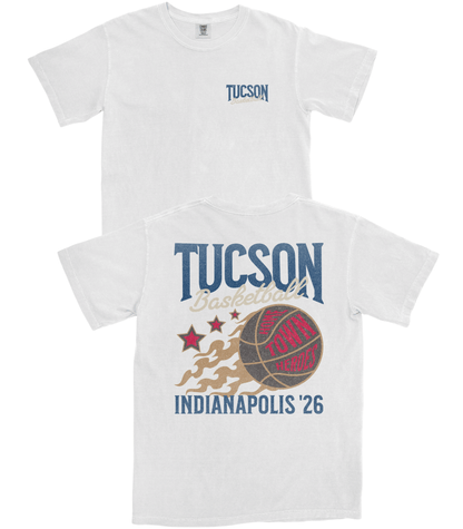 White t-shirt with 'Tucson Basketball' graphic and text on a white background