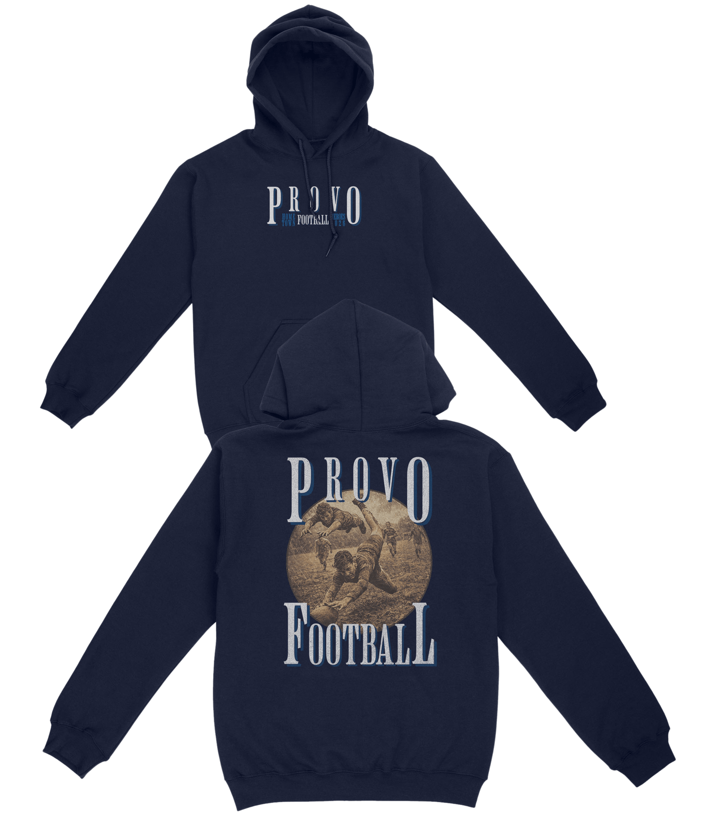 Navy blue hoodie with 'Provo Football' text and graphics on a white background