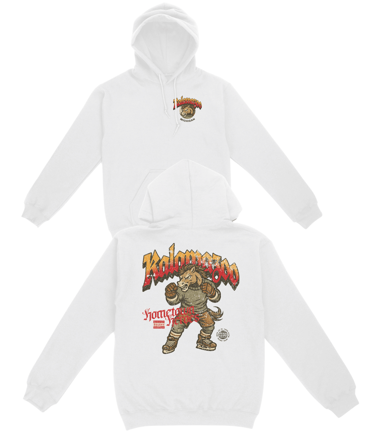 White hoodie with graphic design on a white background