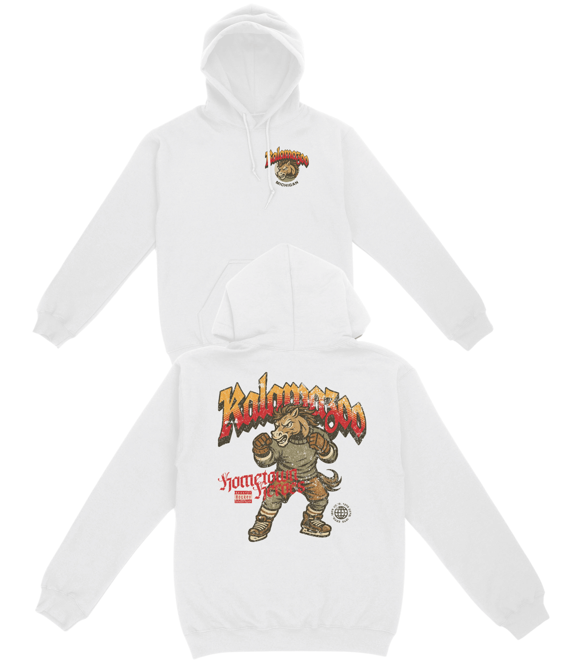 White hoodie with graphic design on a white background