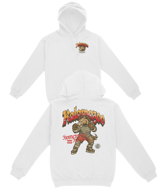 White hoodie with graphic design on a white background