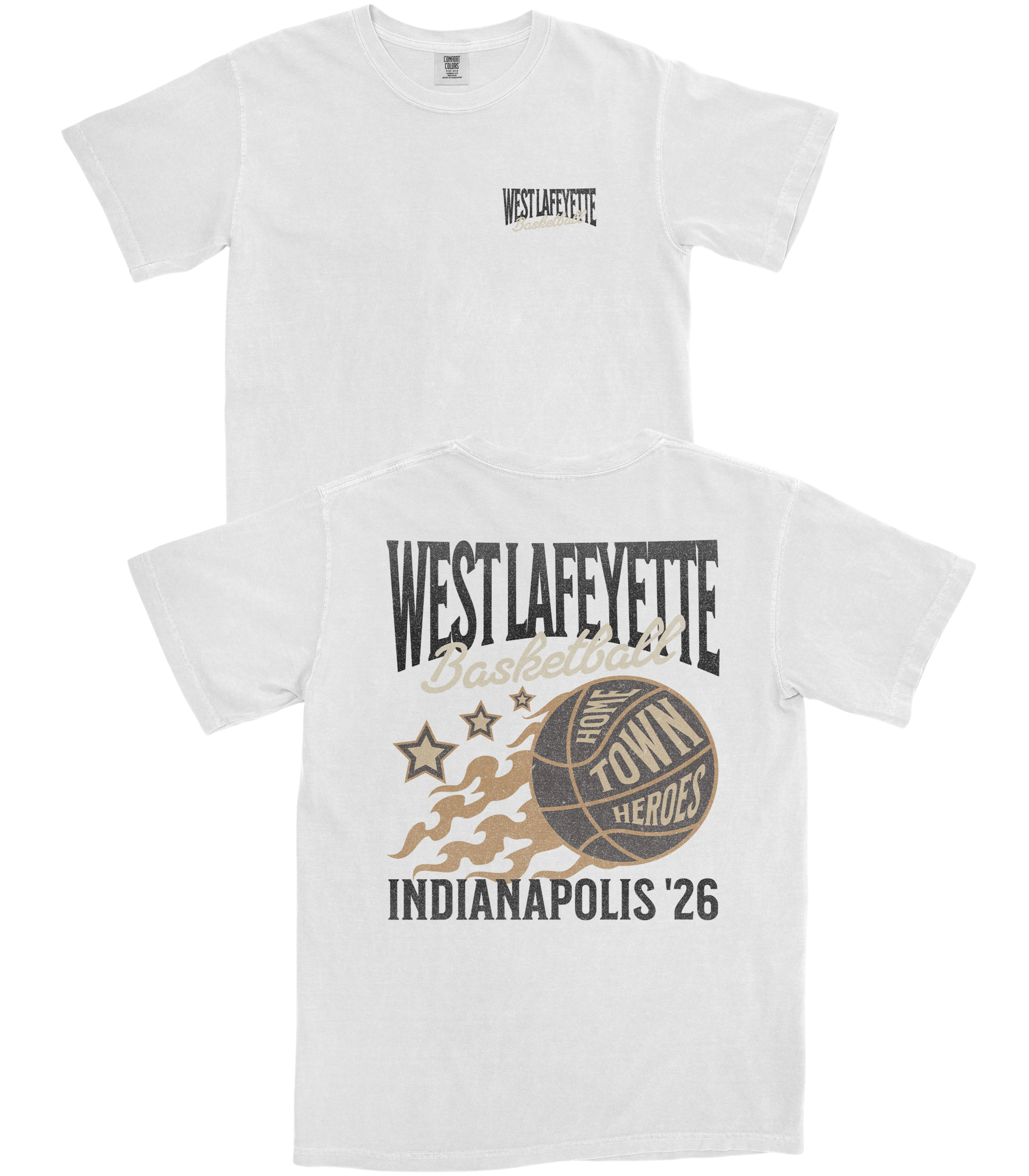 White t-shirt with 'West Lafayette Basketball' design on a white background