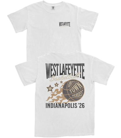 White t-shirt with 'West Lafayette Basketball' design on a white background