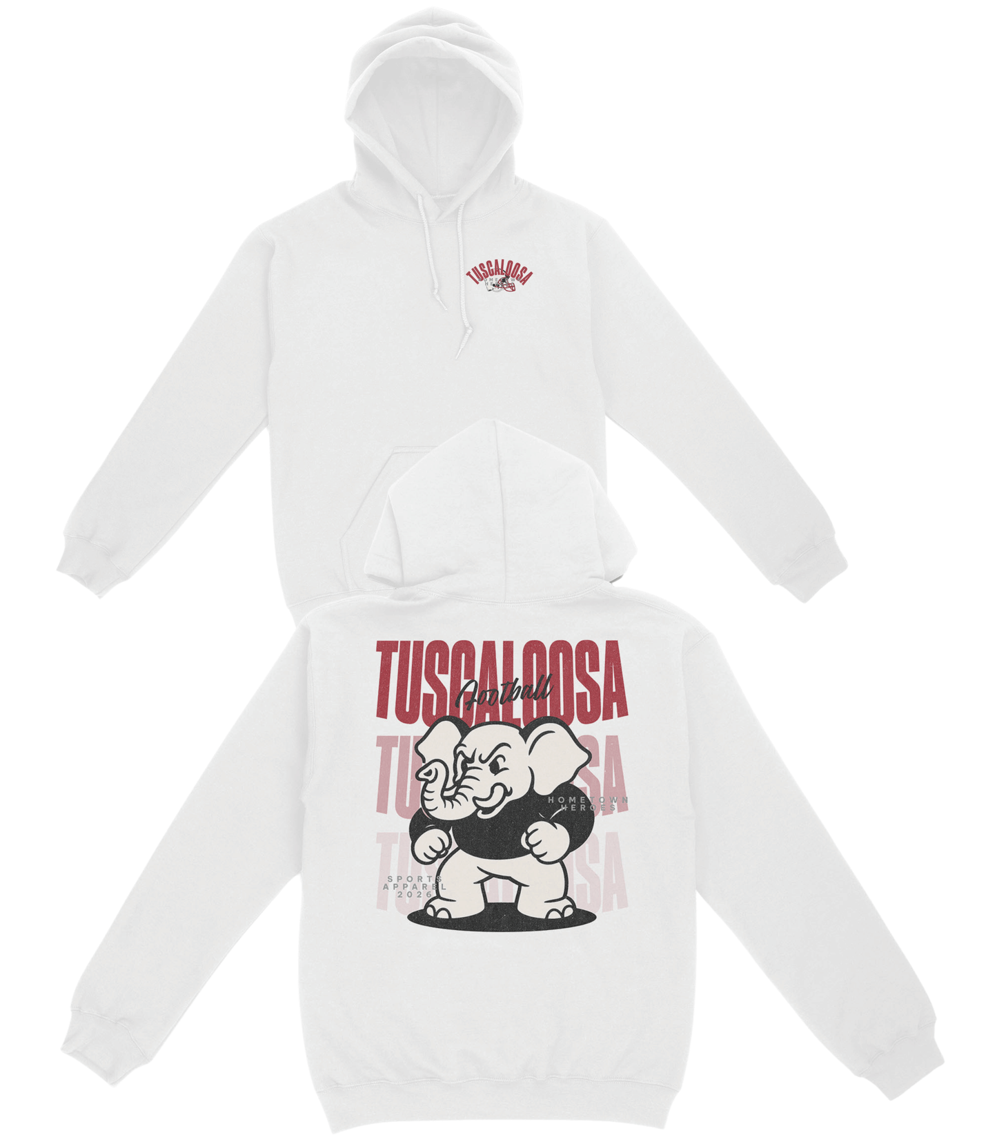 White hoodie with graphic design and text on a white background