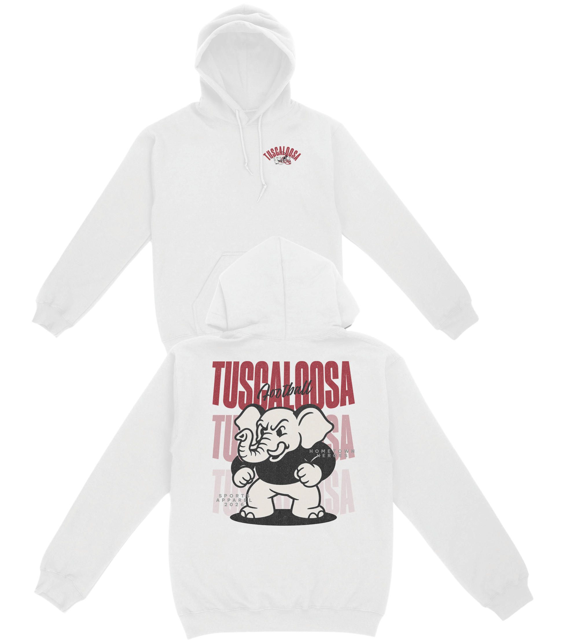 White hoodie with graphic design and text on a white background