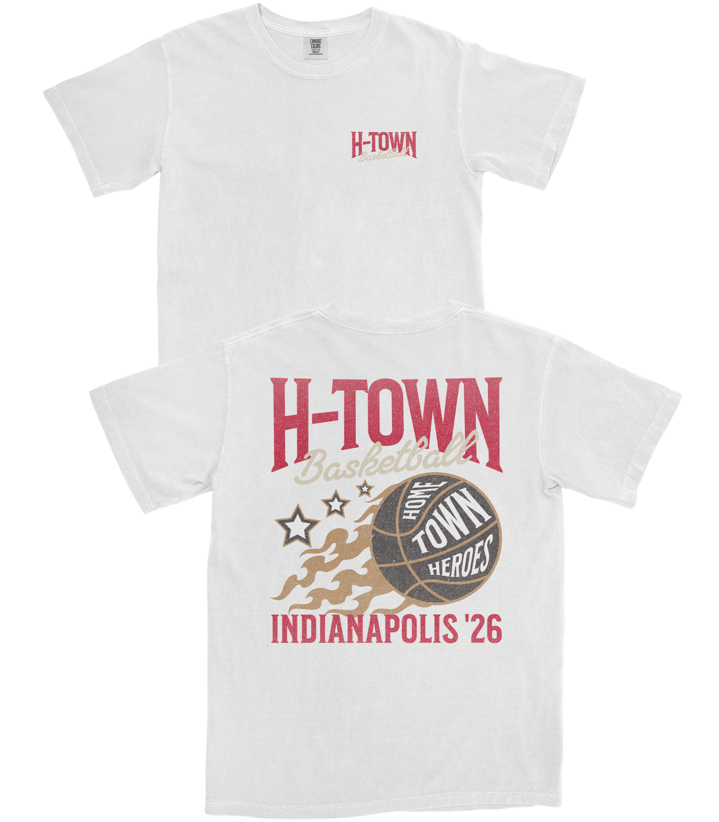 White t-shirt with 'H-Town' and basketball graphic on a white background