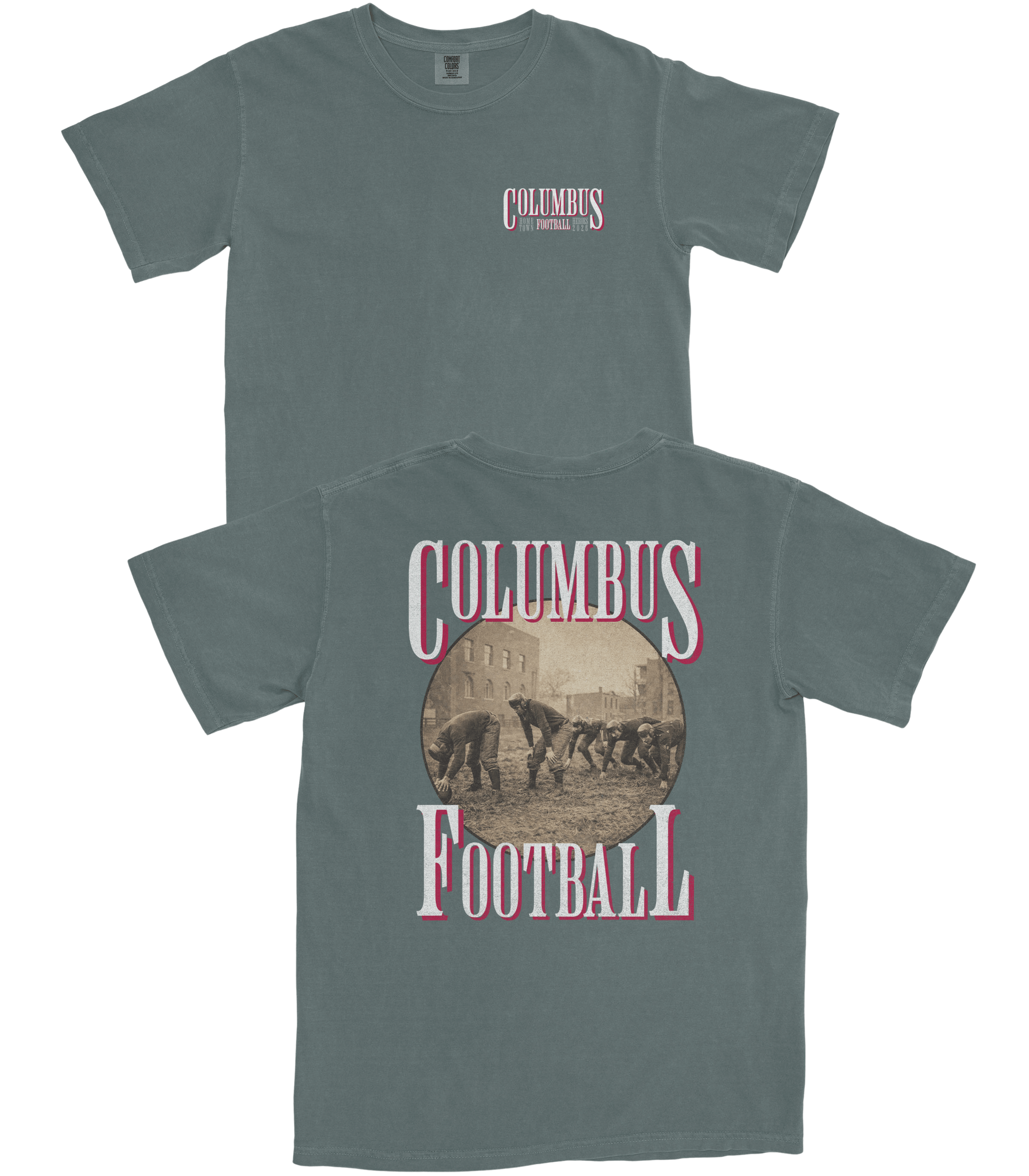 Two gray t-shirts with 'Columbus Football' design on a white background