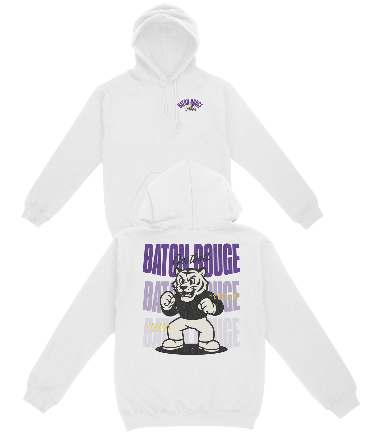 White hoodie with 'Baton Rouge' text and graphic on a white background