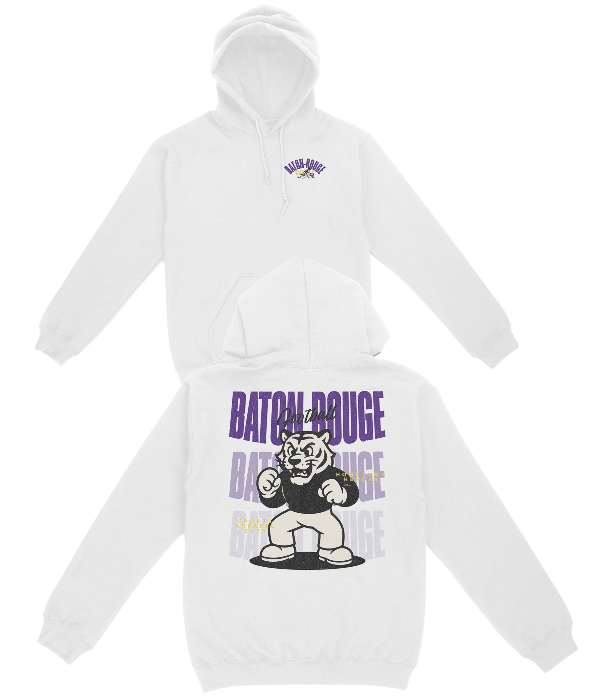 White hoodie with 'Baton Rouge' text and graphic on a white background