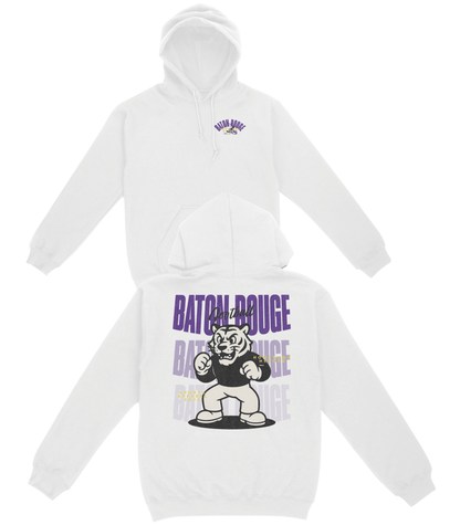 White hoodie with 'Baton Rouge' text and graphic on a white background