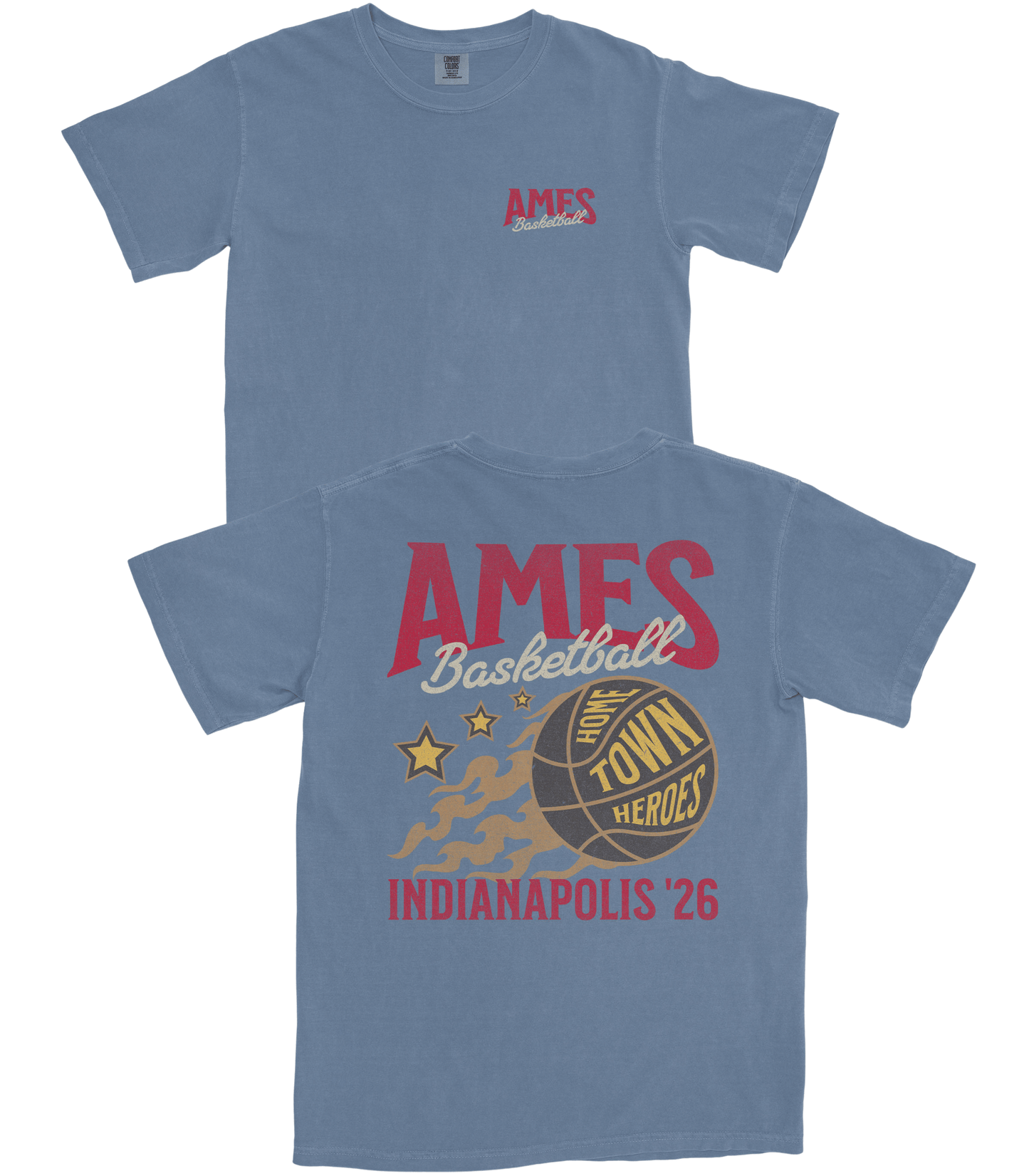 Blue t-shirt with 'AMES' and basketball graphic on a white background