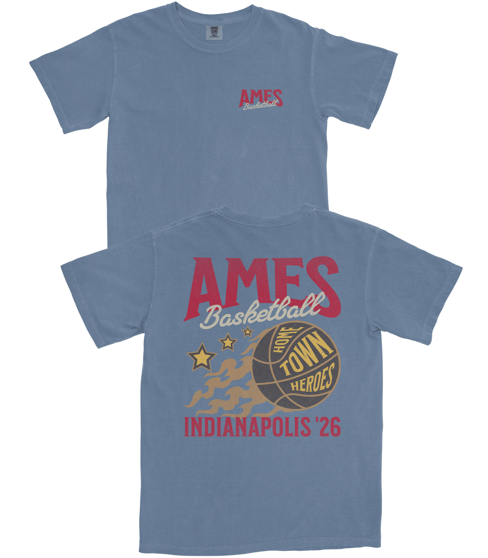 Blue t-shirt with 'AMES' and basketball graphic on a white background