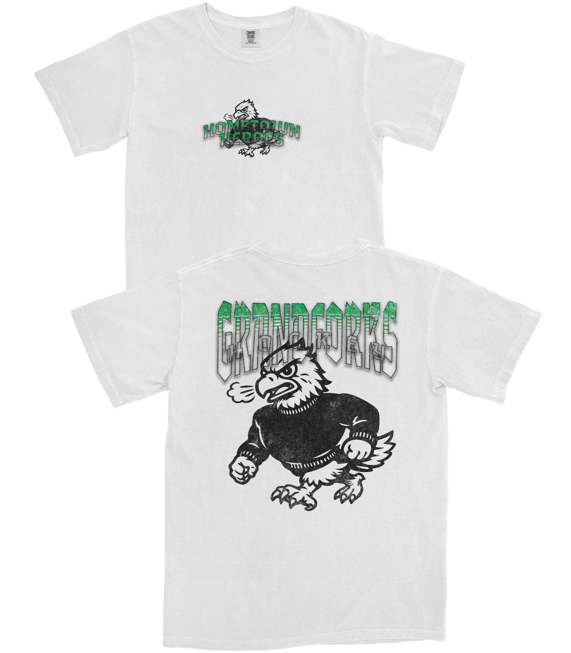 Two white t-shirts with graphic designs on a white background