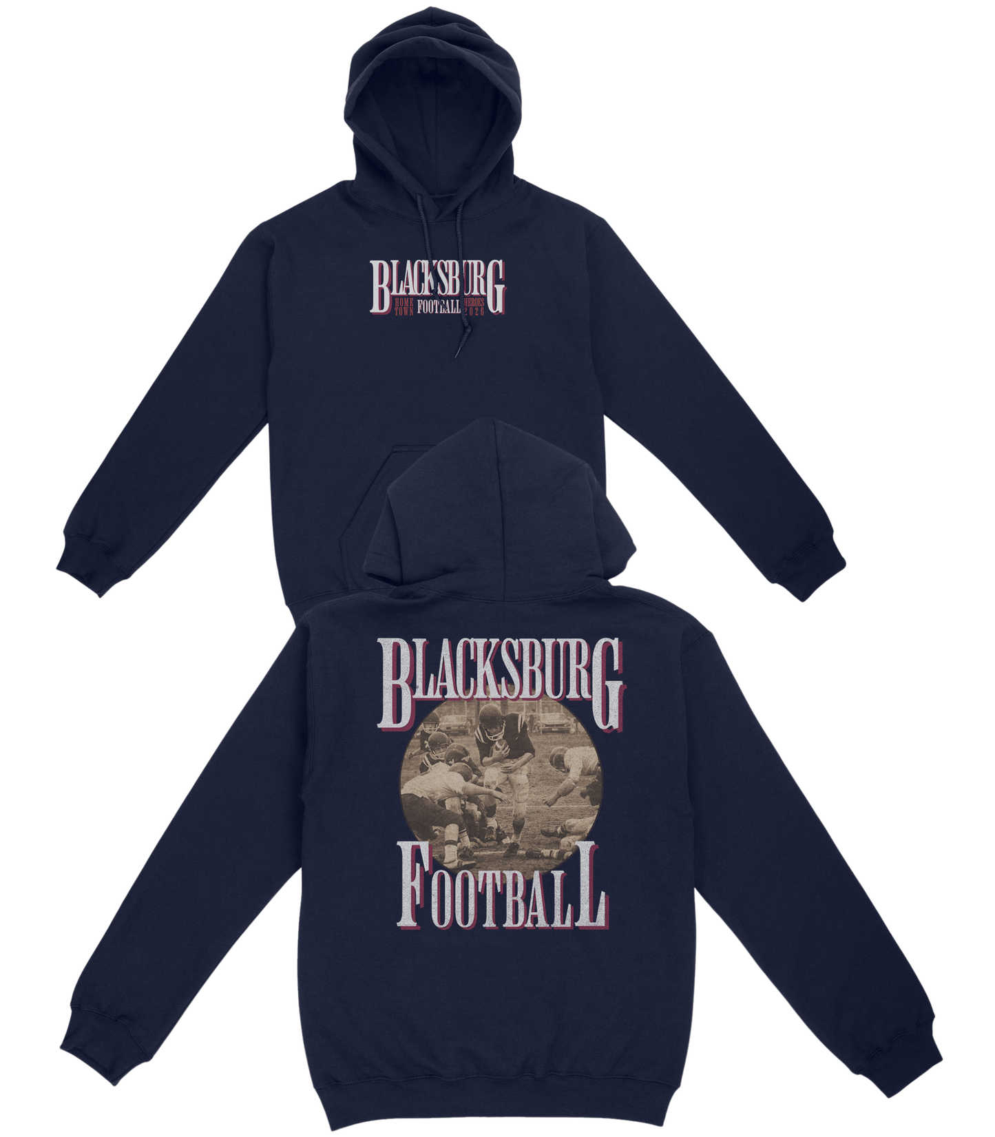Navy blue hoodie with 'Blacksburg Football' text on front and back, on a white background