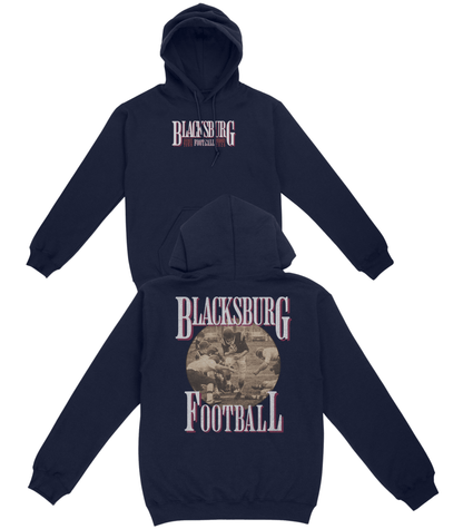 Navy blue hoodie with 'Blacksburg Football' text on front and back, on a white background