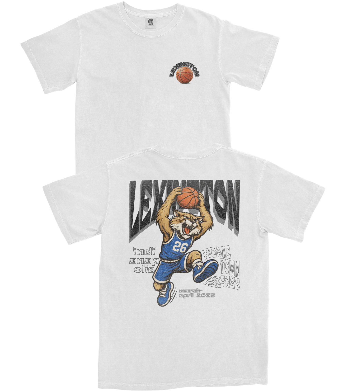 White t-shirt with a cartoon lion holding a basketball and text on a white background