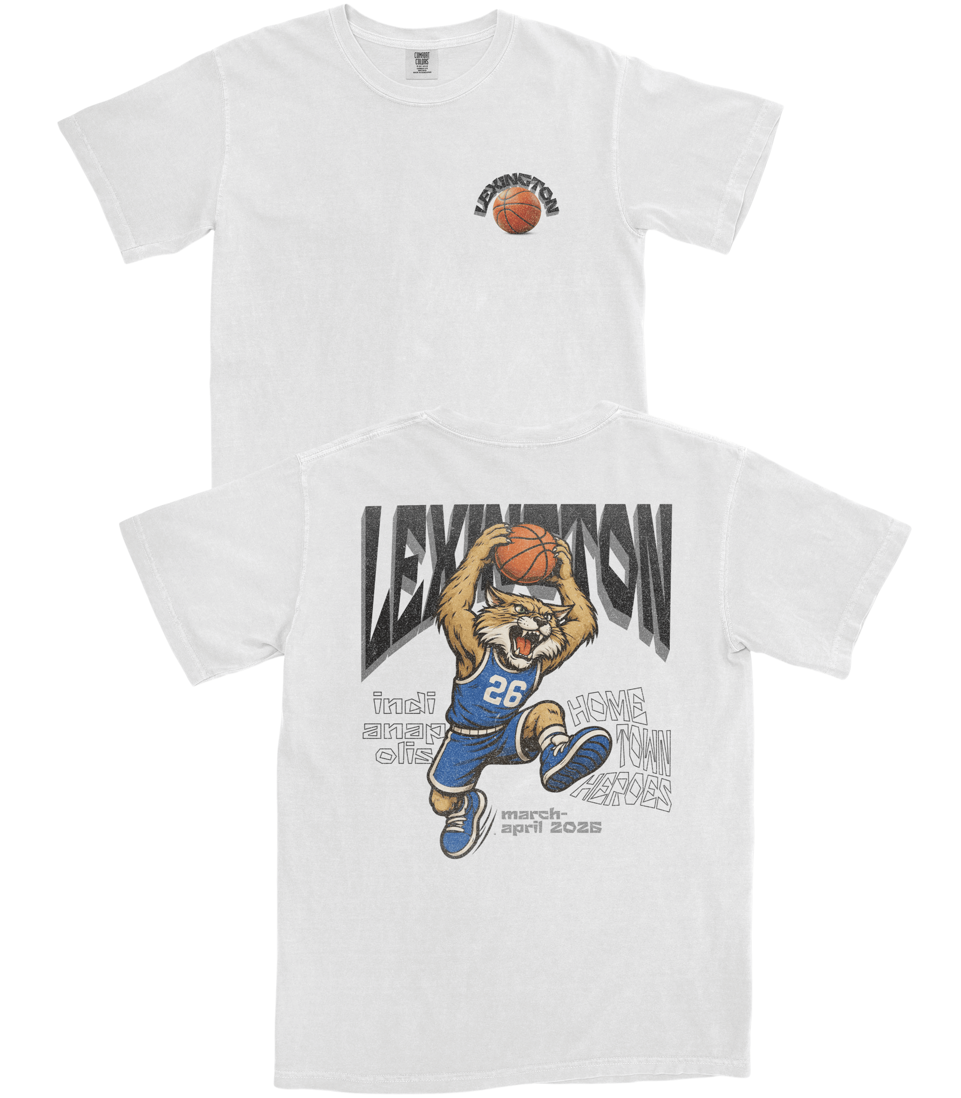 White t-shirt with a cartoon lion holding a basketball and text on a white background