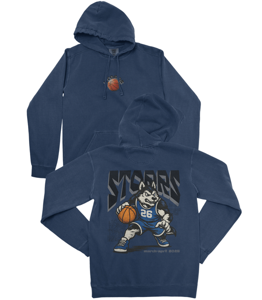 Navy blue hoodie with basketball design on a white background