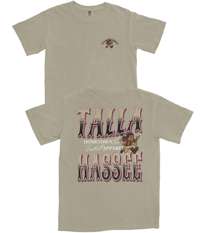 Beige t-shirt with graphic design and text on a white background