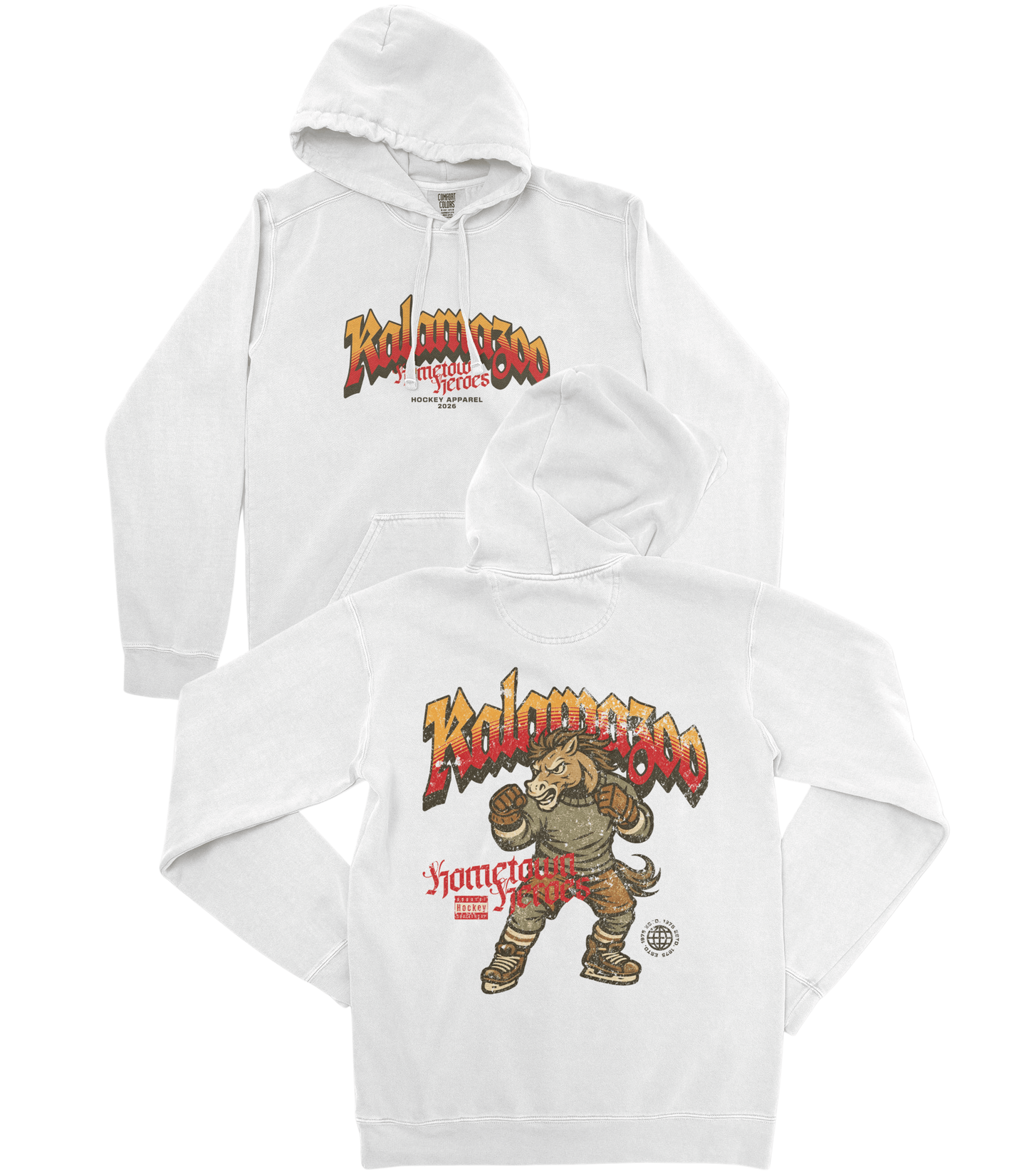 White hoodie with 'Kolamero' graphic design on a white background
