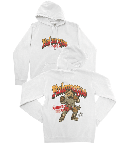 White hoodie with 'Kolamero' graphic design on a white background