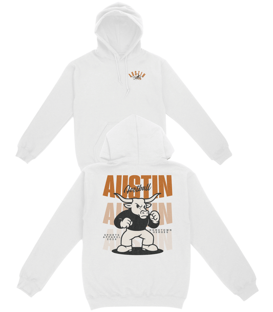 White hoodie with 'Austin Alligator' graphic design on a white background