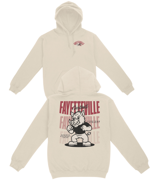Beige hoodie with graphic design on a white background