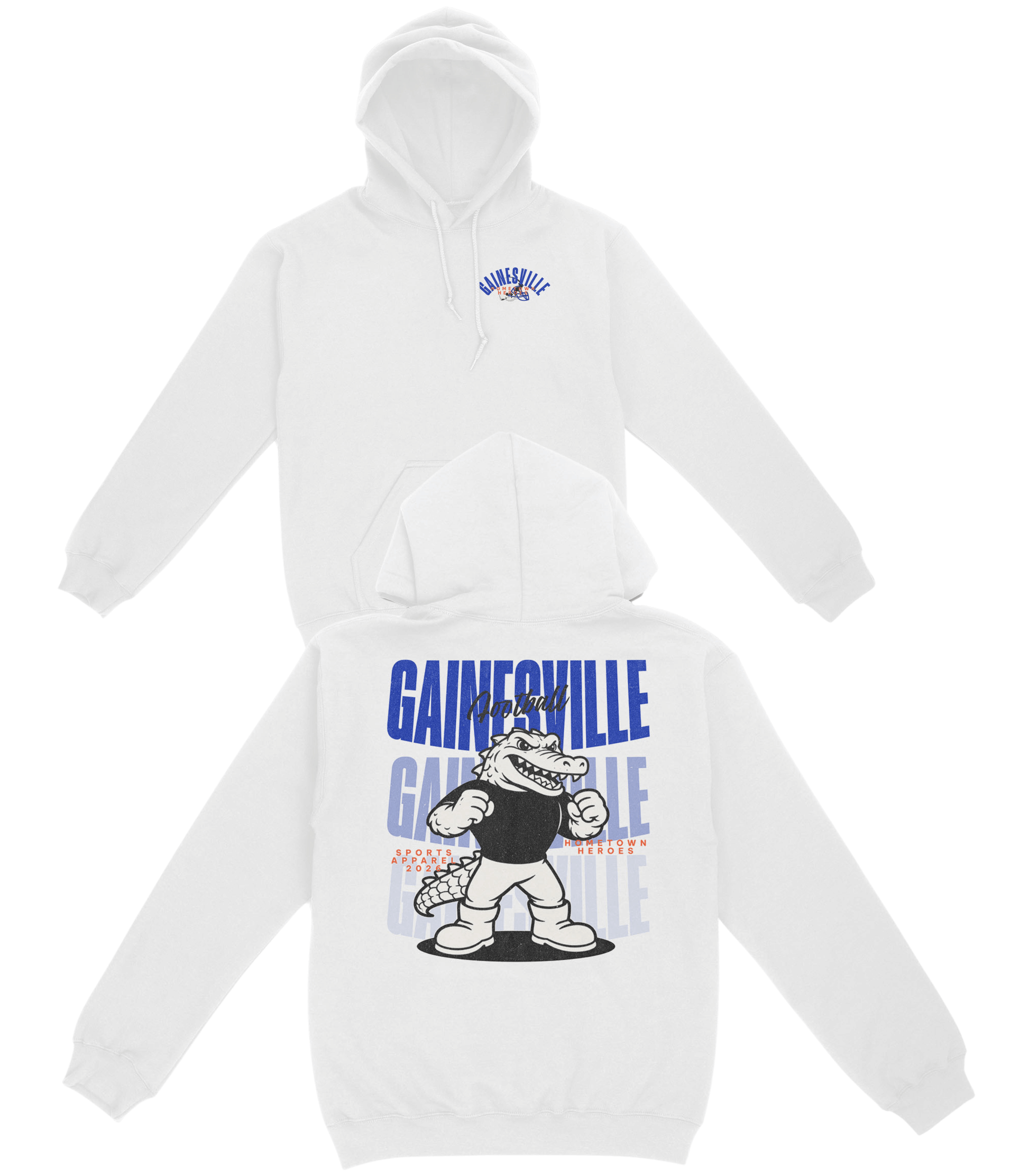 White hoodie with 'Gainsville' graphic design on a white background
