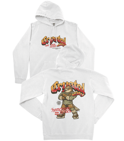 White hoodie with 'Crystal' graphic design on a white background