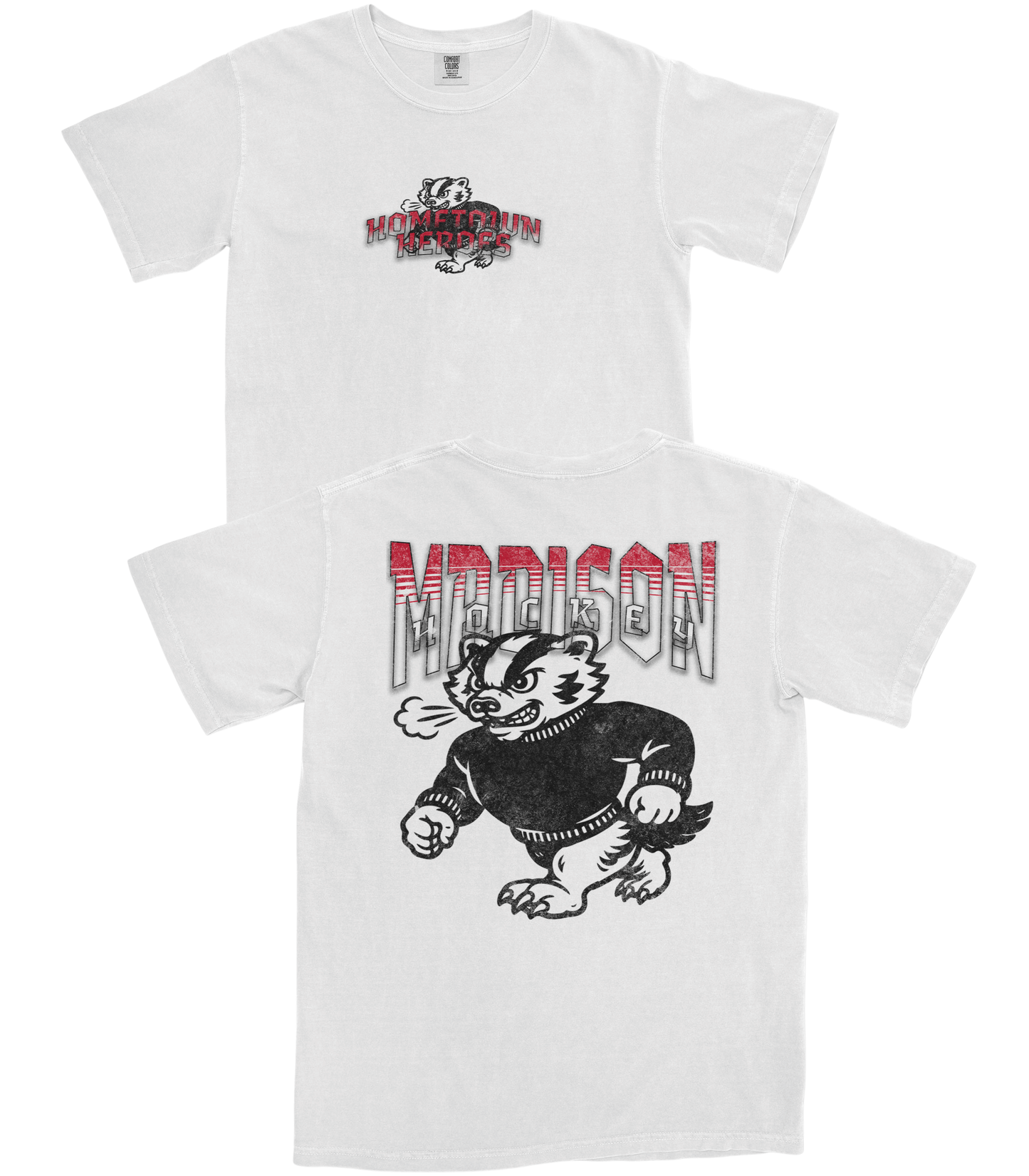 Two white t-shirts with graphic designs on a white background