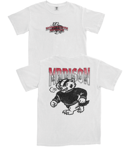 Two white t-shirts with graphic designs on a white background