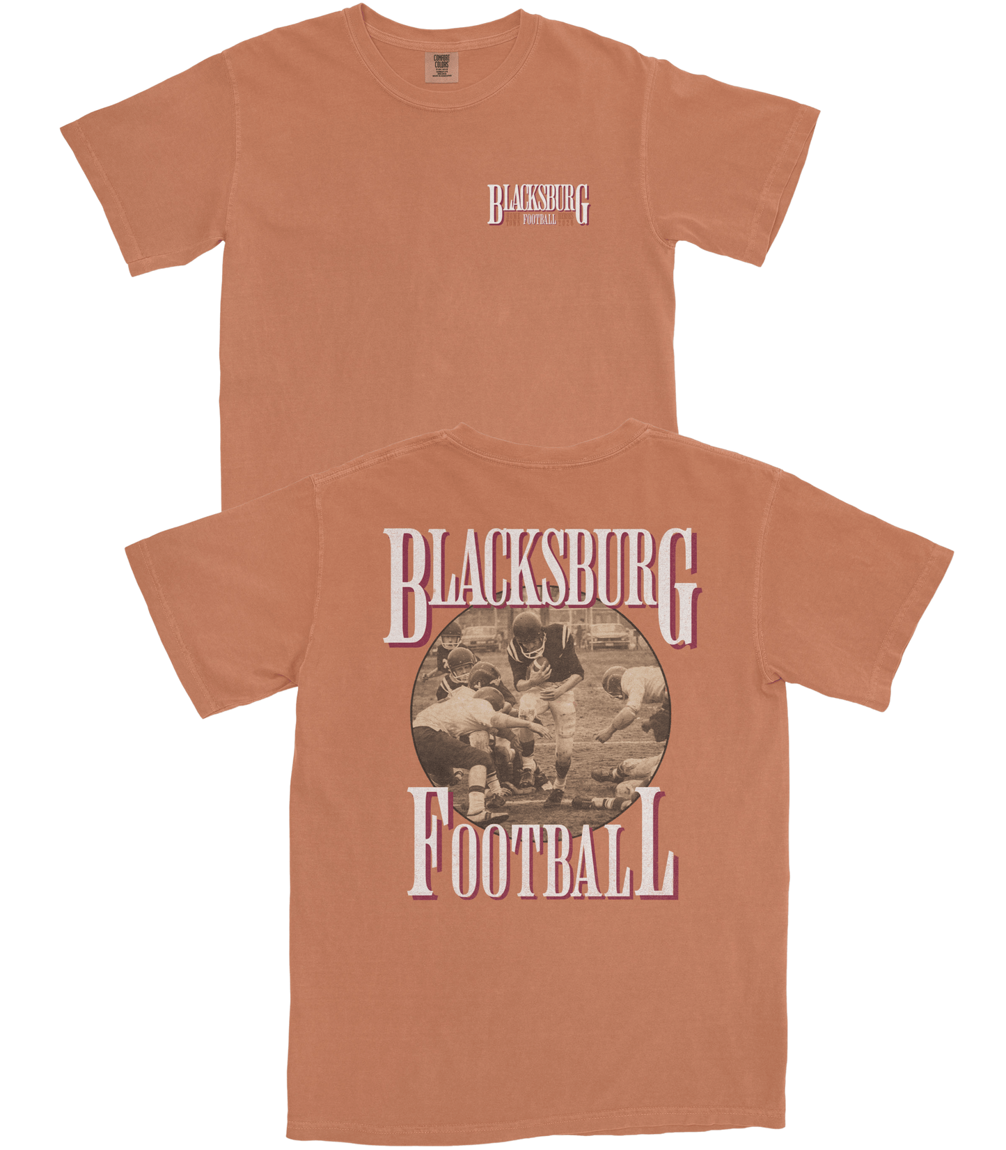 Brown t-shirt with 'Blacksburg Football' text and vintage-style graphic on a white background