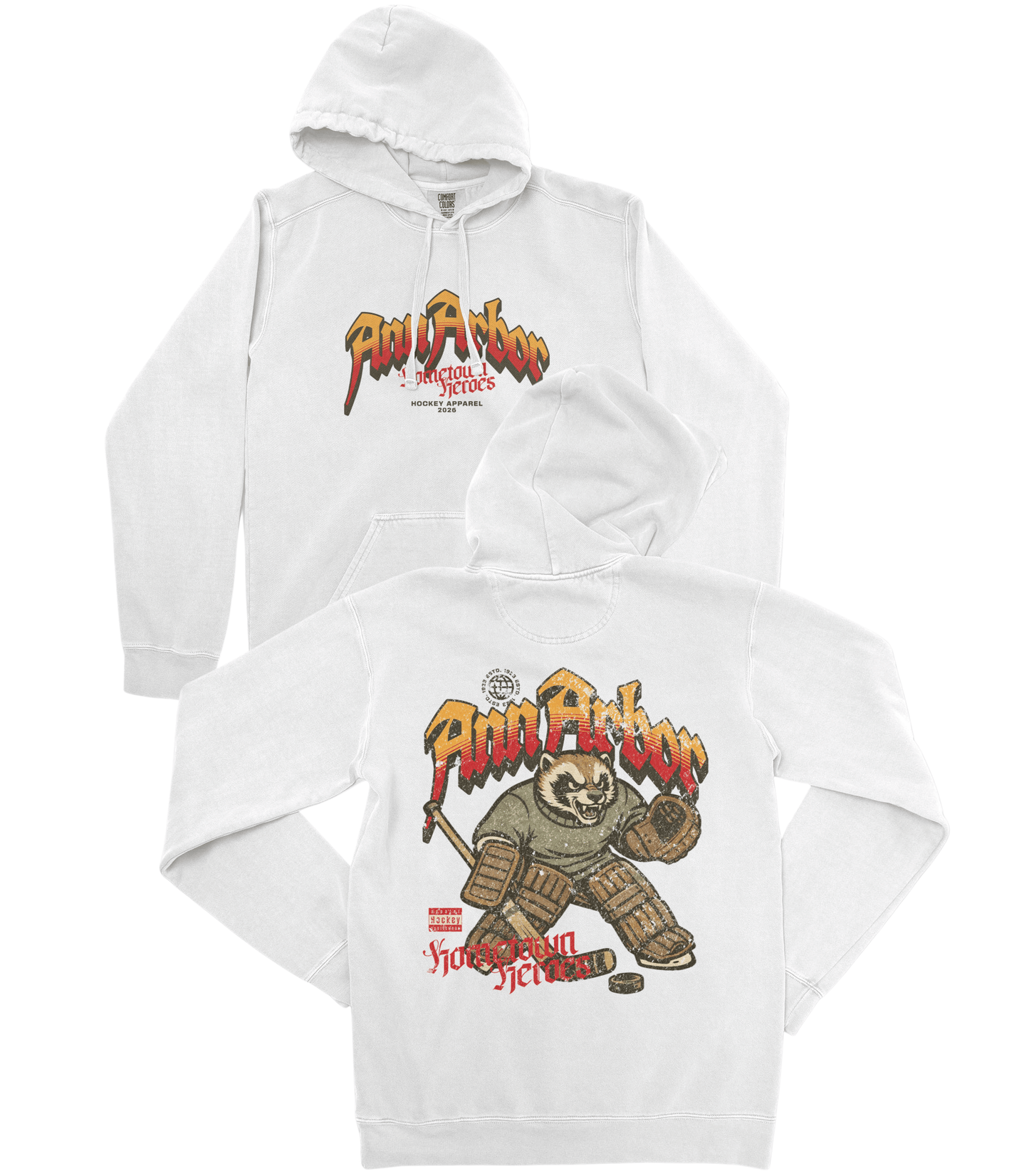 White hoodie with graphic design on a white background