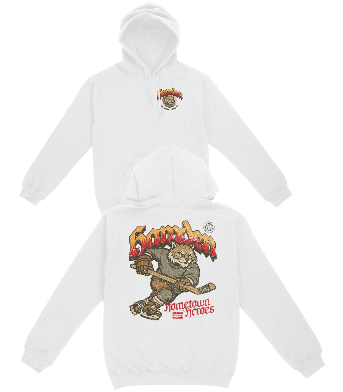 White hoodie with graphic design on a white background
