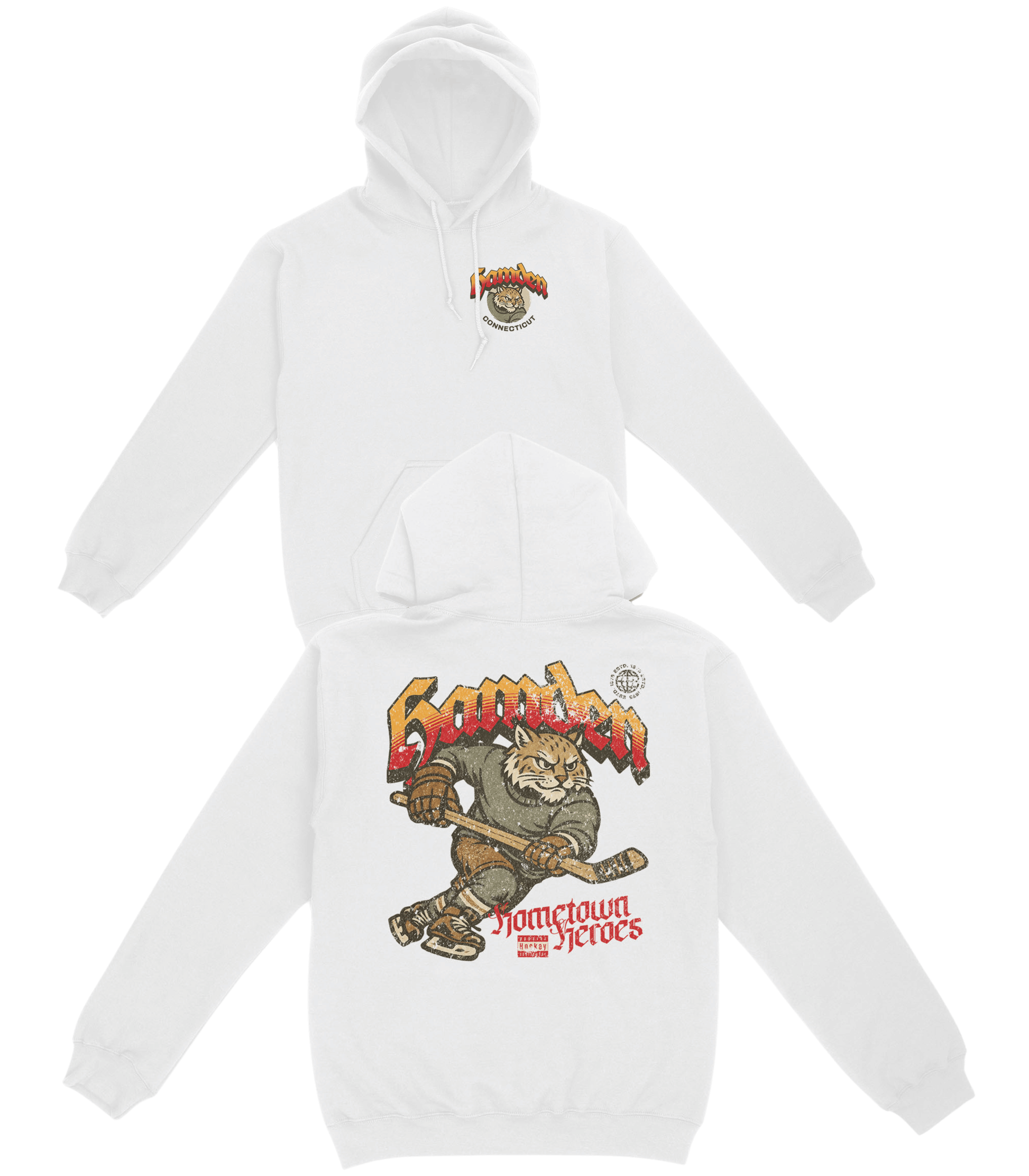 White hoodie with graphic design on a white background