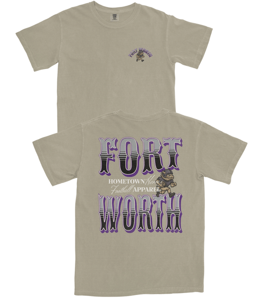 Beige t-shirt with 'Fort Worth' text and graphic on a white background