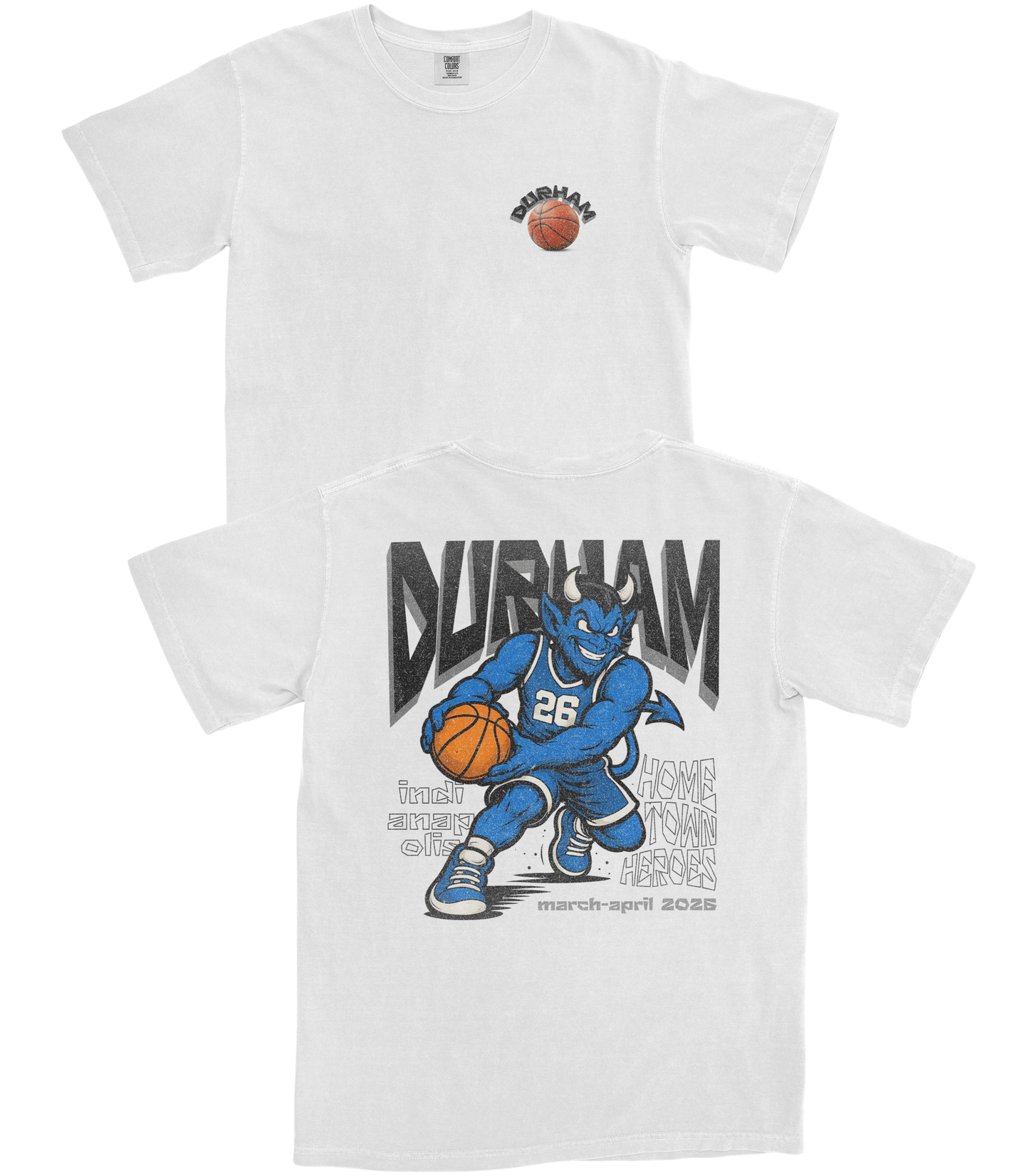 White t-shirt with a graphic of a blue mascot holding a basketball and text on the front and back.