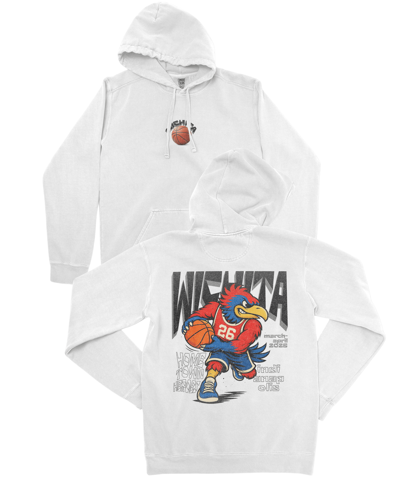 White hoodie with a cartoon rooster design and text on a white background