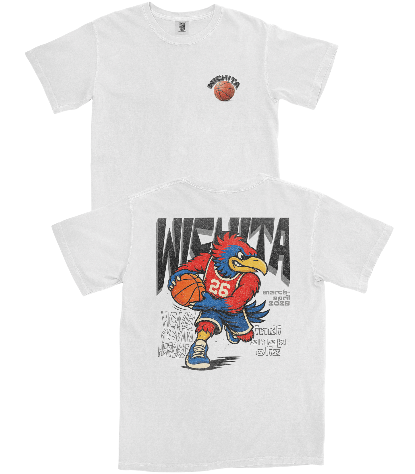 White t-shirt with a graphic of a rooster holding a basketball and text on a white background