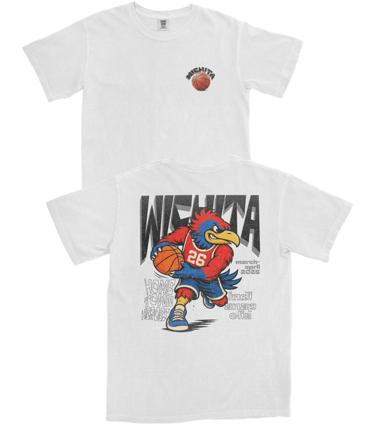 White t-shirt with a graphic of a rooster holding a basketball and text on a white background