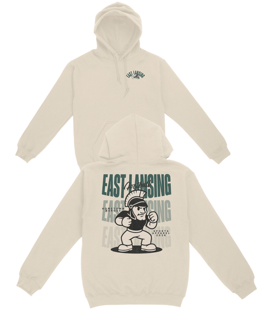 Beige hoodie with graphic design on a white background