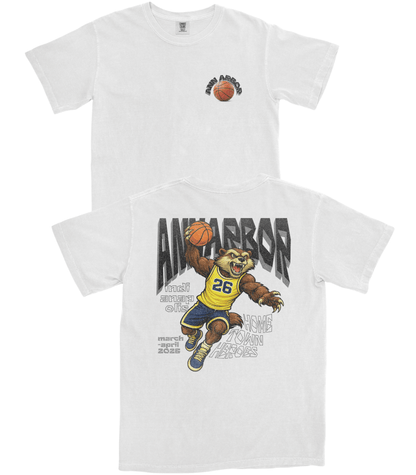 White t-shirt with a bear holding a basketball and text on a white background