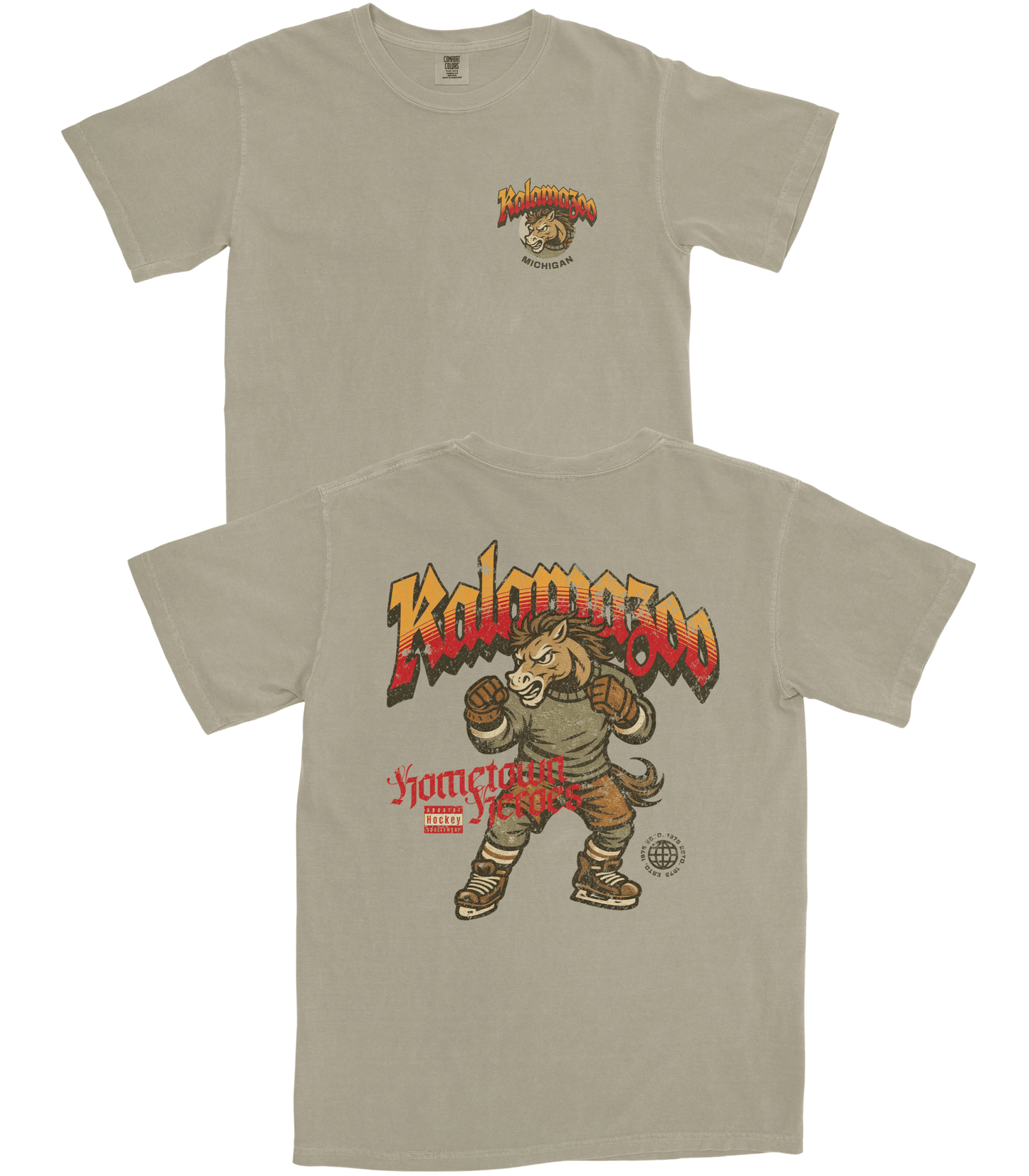 Beige t-shirt with 'Kolamazo' graphic design on a white background