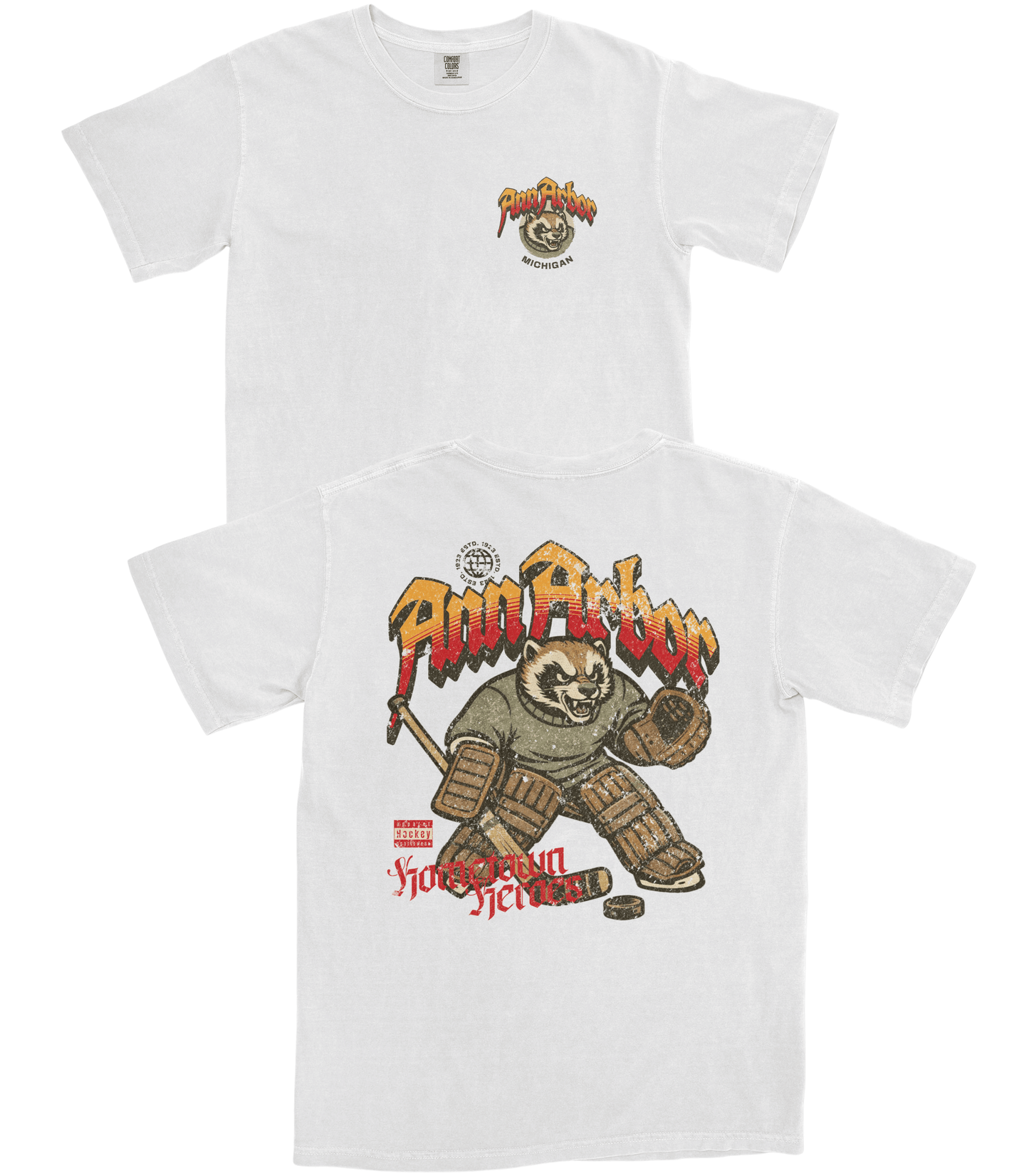 White t-shirt with graphic design featuring a bear and text on a white background
