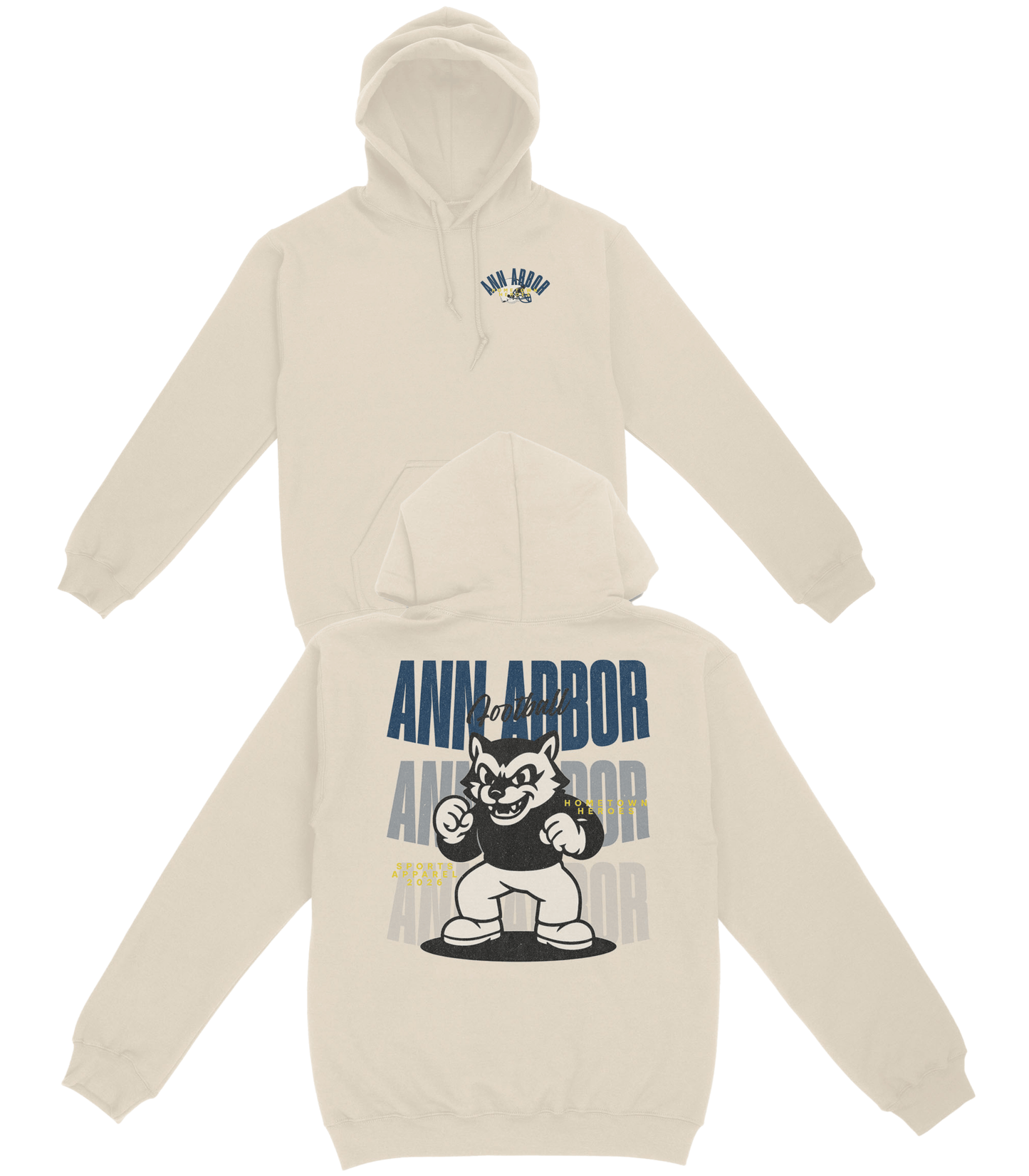 Beige hoodie with 'Ann Arbor' and a bear graphic on a white background
