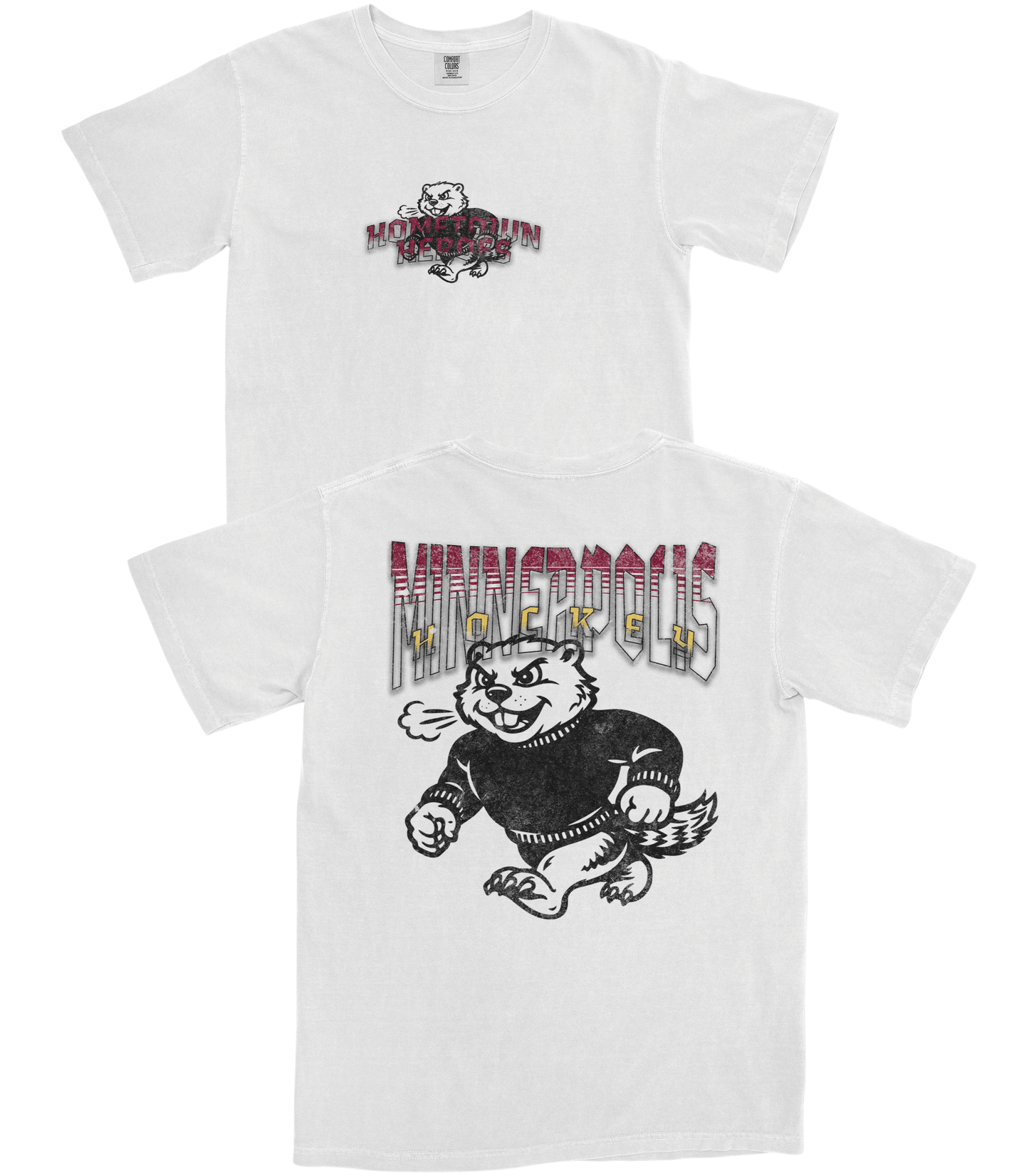 White t-shirt with graphic design of a bear and text on a white background