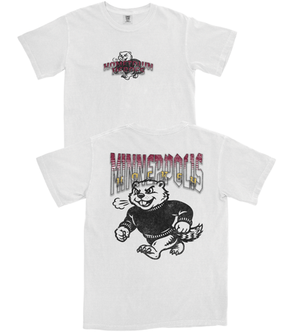 White t-shirt with graphic design of a bear and text on a white background