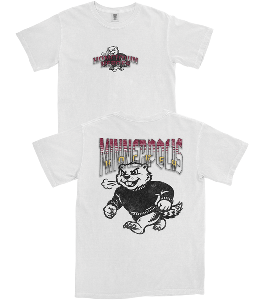 White t-shirt with graphic design of a bear and text on a white background